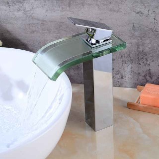 Chrome Waterfall Tap - Wash Basin Tap with Glass - Single-Handle Mixer Tap for Bathroom Sinks