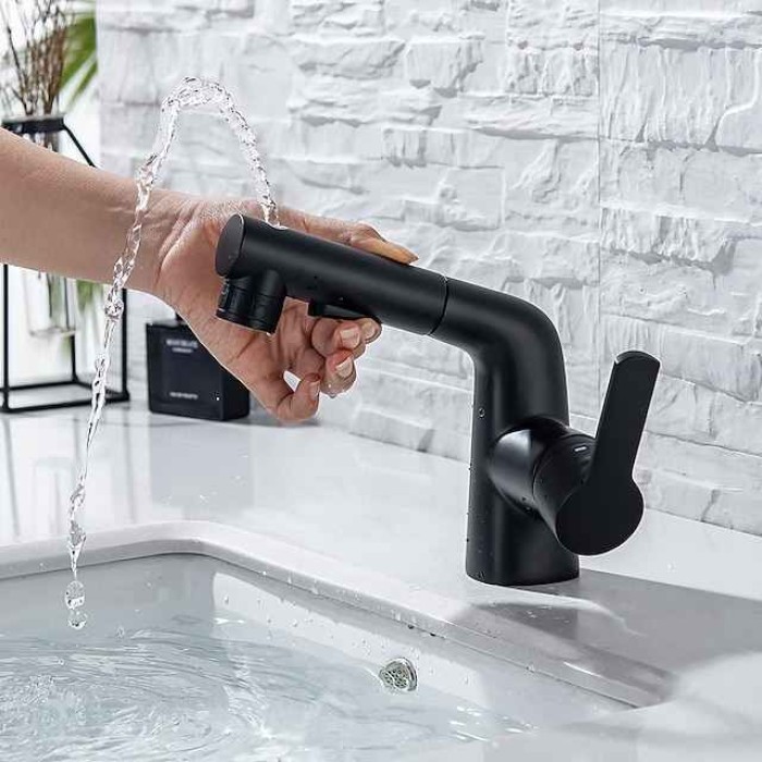 Pull Out Bathroom Sink Mixer Faucet, 360 swivel Pull Down Sprayer Basin Tap Brass, 2 Water Flow Modes with Rotating Spout, Single Handle Washroom Water Tap with Cold Hot Hose