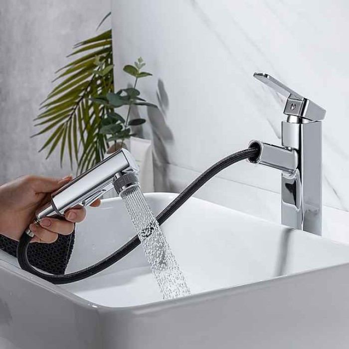 Bathroom Sink Faucet - Pull out / Pullout Spray Electroplated Centerset Single Handle One HoleBath Taps