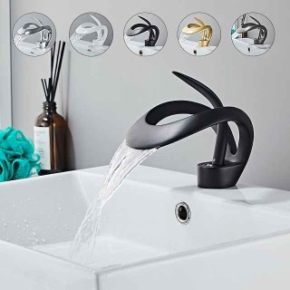 Black Bathroom Sink Mixer Faucet Waterfall Spout, Brass Basin Taps Single Handle One Hole Vessel Bathroom Tap with Hot and Cold Switch Golden Grey Chrome