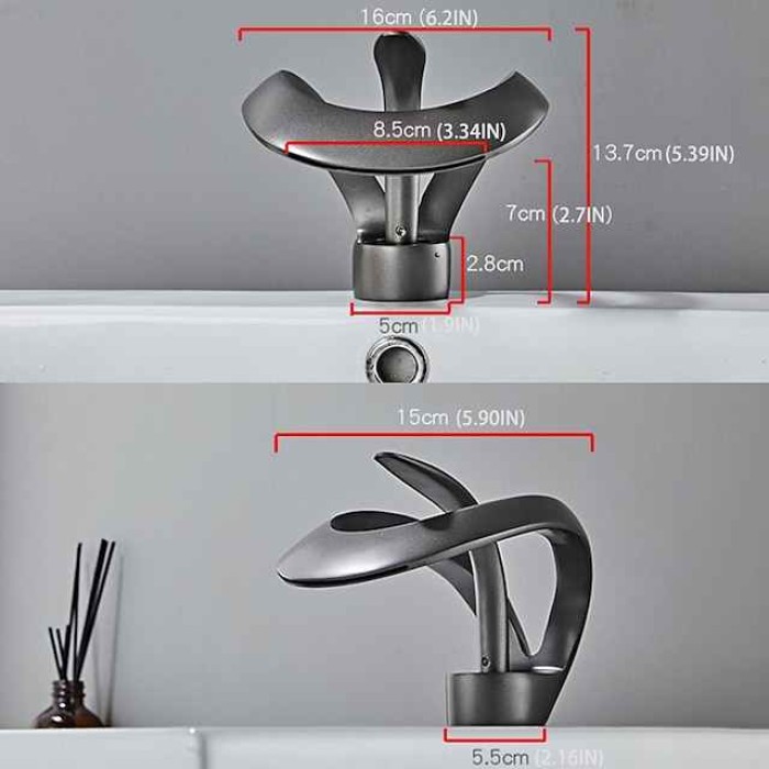 Black Bathroom Sink Mixer Faucet Waterfall Spout, Brass Basin Taps Single Handle One Hole Vessel Bathroom Tap with Hot and Cold Switch Golden Grey Chrome