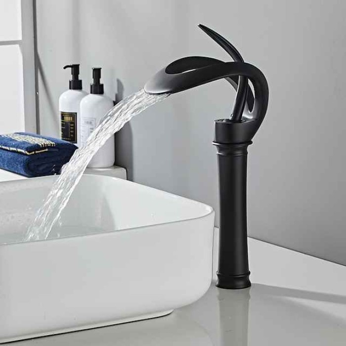 Black Bathroom Sink Mixer Faucet Waterfall Spout, Brass Basin Taps Single Handle One Hole Vessel Bathroom Tap with Hot and Cold Switch Golden Grey Chrome