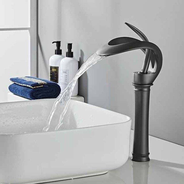 Black Bathroom Sink Mixer Faucet Waterfall Spout, Brass Basin Taps Single Handle One Hole Vessel Bathroom Tap with Hot and Cold Switch Golden Grey Chrome