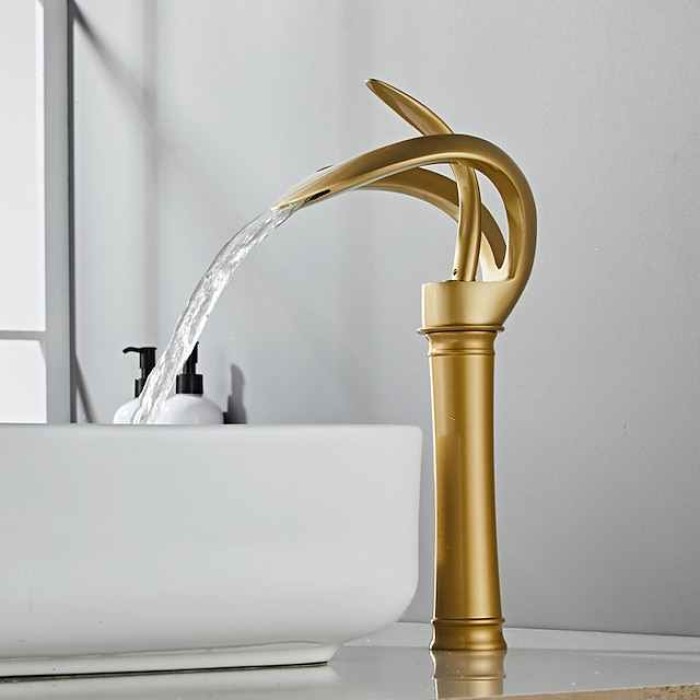 Black Bathroom Sink Mixer Faucet Waterfall Spout, Brass Basin Taps Single Handle One Hole Vessel Bathroom Tap with Hot and Cold Switch Golden Grey Chrome