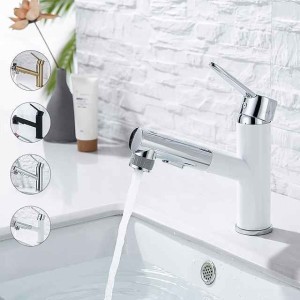 Bathroom Sink Mixer Faucet Pull Out Sprayer 2 Mode Spout with Stop Button, Single Handle Washroom Basin Taps Mono with Cold and Hot Hose Chrome Black Golden