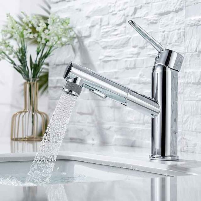 Bathroom Sink Mixer Faucet Pull Out Sprayer 2 Mode Spout with Stop Button, Single Handle Washroom Basin Taps Mono with Cold and Hot Hose Chrome Black Golden