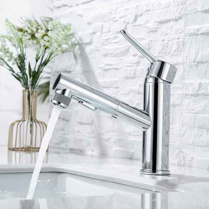 Bathroom Sink Mixer Faucet Pull Out Sprayer 2 Mode Spout with Stop Button, Single Handle Washroom Basin Taps Mono with Cold and Hot Hose Chrome Black Golden