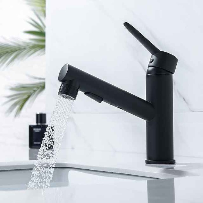 Bathroom Sink Mixer Faucet Pull Out Sprayer 2 Mode Spout with Stop Button, Single Handle Washroom Basin Taps Mono with Cold and Hot Hose Chrome Black Golden