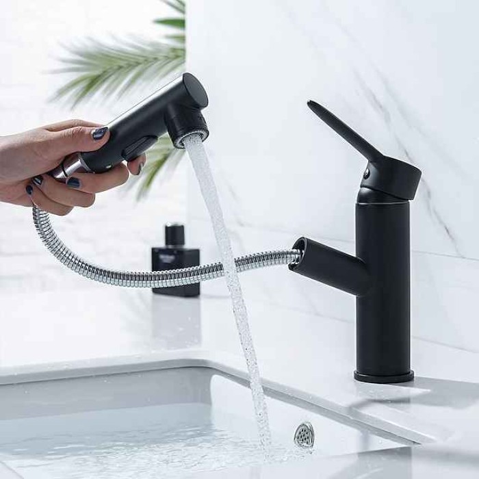 Bathroom Sink Mixer Faucet Pull Out Sprayer 2 Mode Spout with Stop Button, Single Handle Washroom Basin Taps Mono with Cold and Hot Hose Chrome Black Golden