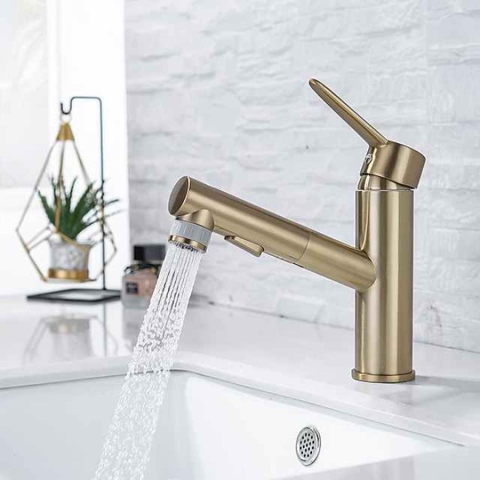 Bathroom Sink Mixer Faucet Pull Out Sprayer 2 Mode Spout with Stop Button, Single Handle Washroom Basin Taps Mono with Cold and Hot Hose Chrome Black Golden