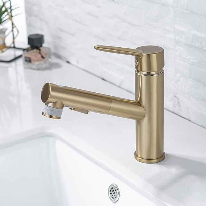 Bathroom Sink Mixer Faucet Pull Out Sprayer 2 Mode Spout with Stop Button, Single Handle Washroom Basin Taps Mono with Cold and Hot Hose Chrome Black Golden