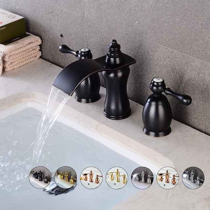 Widespread Bathroom Sink Faucet,Two Handle Three Holes Waterfall Electroplated Bath Taps