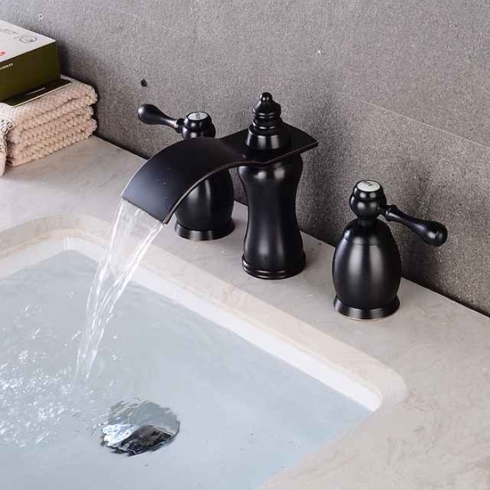 Widespread Bathroom Sink Faucet,Two Handle Three Holes Waterfall Electroplated Bath Taps