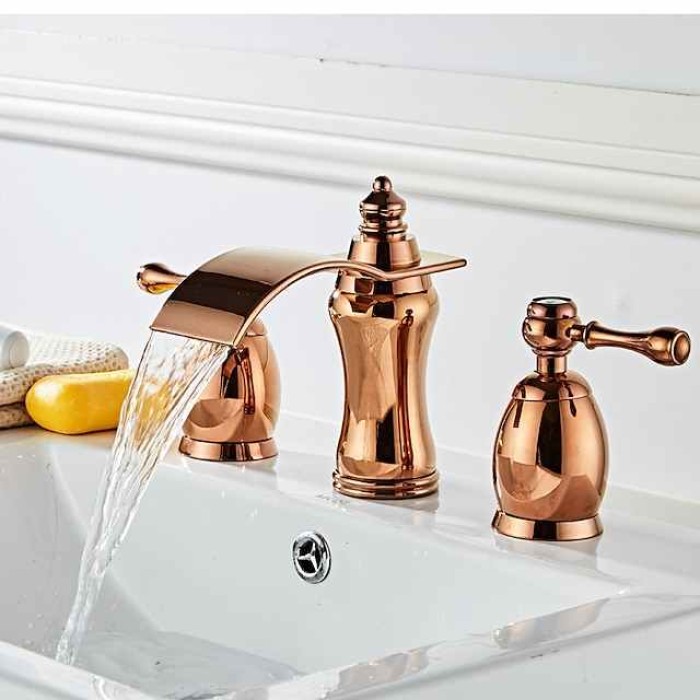 Widespread Bathroom Sink Faucet,Two Handle Three Holes Waterfall Electroplated Bath Taps