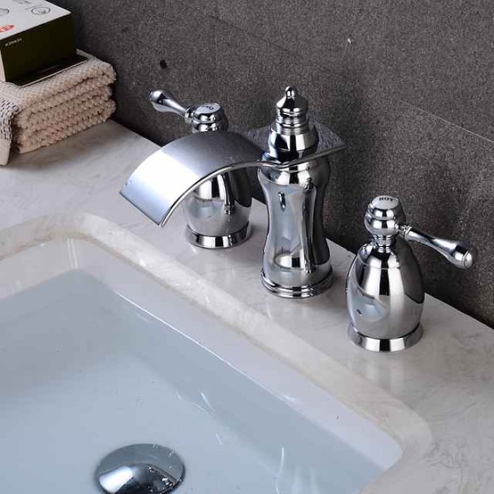 Widespread Bathroom Sink Faucet,Two Handle Three Holes Waterfall Electroplated Bath Taps