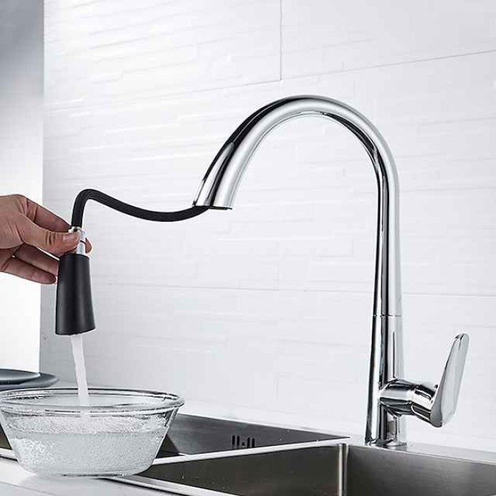 Kitchen Faucet with Pull-out Spray 360° Rotated Single Handle One Hole Minimalist Modern Contemporary Kitchen Taps