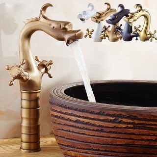 Vintage Bathroom Sink Mixer Faucet, Washroom Mono Basin Taps Classic Antique Brass Centerset Two Handles One Hole Water Tap with Cold Hot Hose