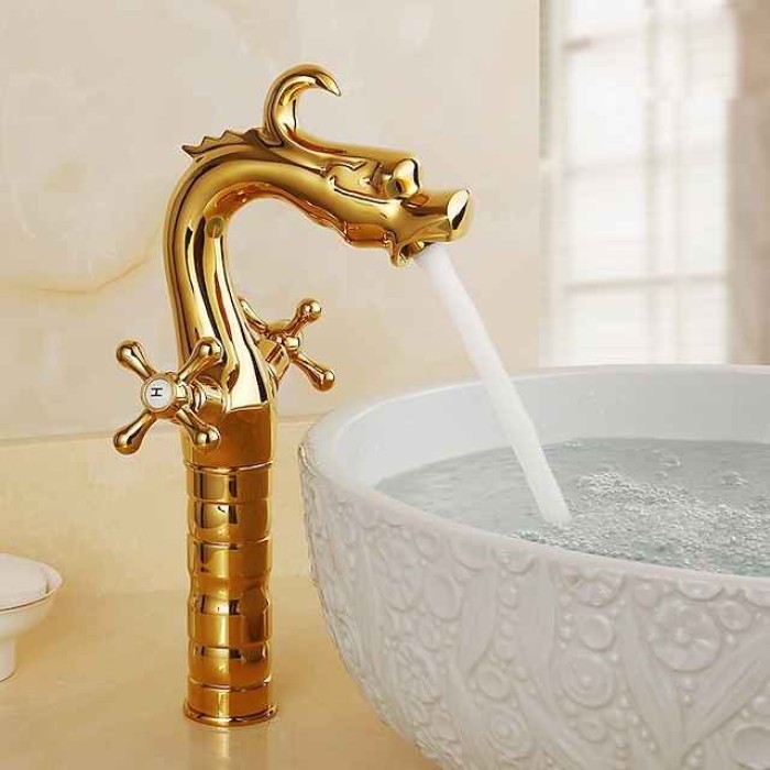 Vintage Bathroom Sink Mixer Faucet, Washroom Mono Basin Taps Classic Antique Brass Centerset Two Handles One Hole Water Tap with Cold Hot Hose