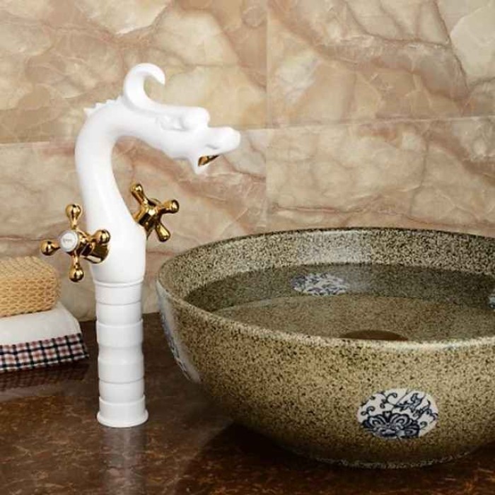 Vintage Bathroom Sink Mixer Faucet, Washroom Mono Basin Taps Classic Antique Brass Centerset Two Handles One Hole Water Tap with Cold Hot Hose