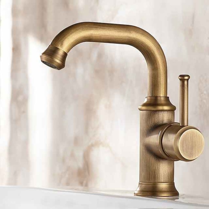 Bathroom Sink Mixer Faucet Vintage Deck Mounted, 360 Swivel Rotatable Single Handle One Hole Monobloc Washroom Basin Taps with Hot and Cold Water Hose Antique Brass ORB