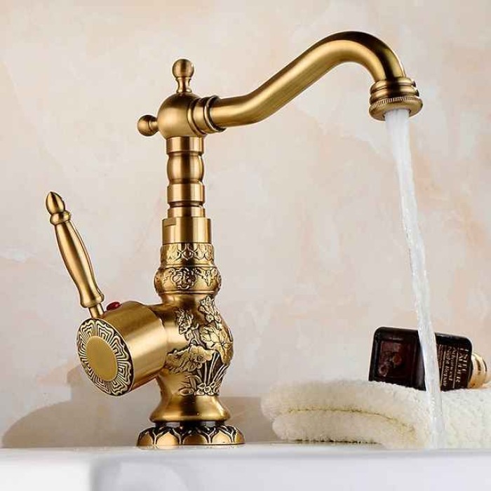 Kitchen faucet - Single Handle One Hole Antique Brass Standard Spout Centerset Retro Vintage Kitchen Taps