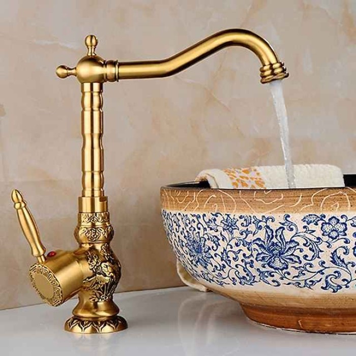 Kitchen faucet - Single Handle One Hole Antique Brass Standard Spout Centerset Retro Vintage Kitchen Taps