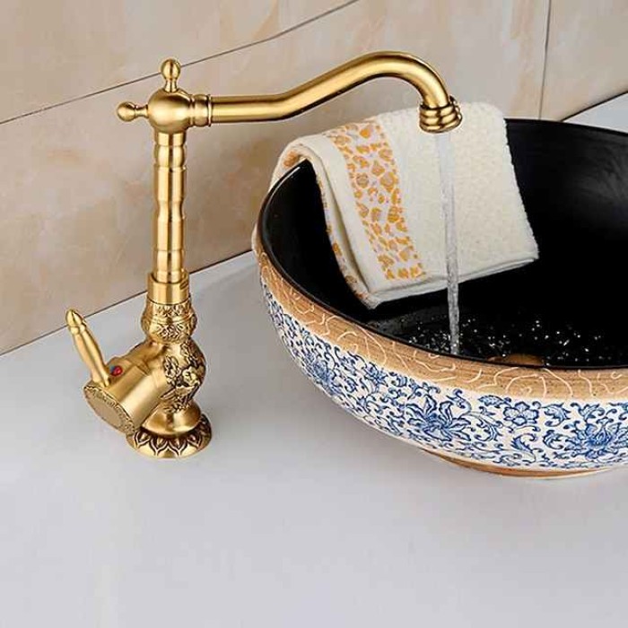 Kitchen faucet - Single Handle One Hole Antique Brass Standard Spout Centerset Retro Vintage Kitchen Taps