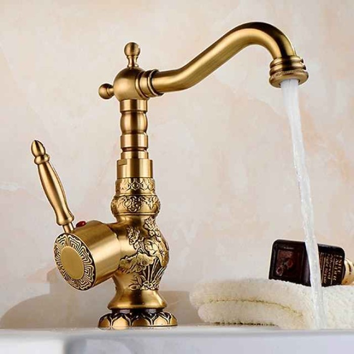 Kitchen faucet - Single Handle One Hole Antique Brass Standard Spout Centerset Retro Vintage Kitchen Taps