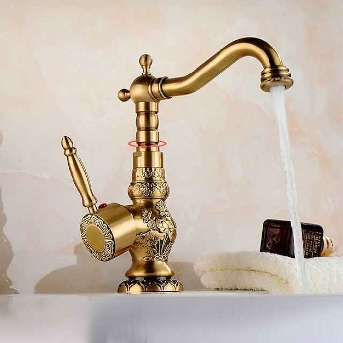 Kitchen faucet - Single Handle One Hole Antique Brass Standard Spout Centerset Retro Vintage Kitchen Taps