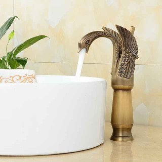 Retro Bathroom Sink Mixer Faucet Brass Swan Shap, Monobloc Washroom Basin Taps Single Handle One Hole Deck Mounted, Mono Water Vessel Tap Hot and Cold Hose Antique