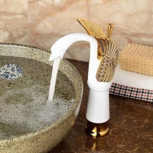 Retro Bathroom Sink Mixer Faucet Brass Swan Shap, Monobloc Washroom Basin Taps Single Handle One Hole Deck Mounted, Mono Water Vessel Tap Hot and Cold Hose Antique