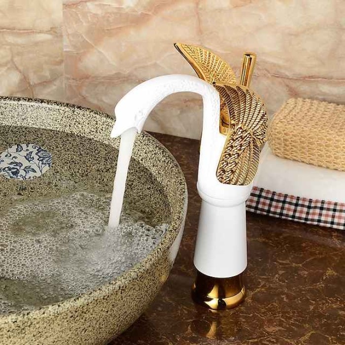 Retro Bathroom Sink Mixer Faucet Brass Swan Shap, Monobloc Washroom Basin Taps Single Handle One Hole Deck Mounted, Mono Water Vessel Tap Hot and Cold Hose Antique