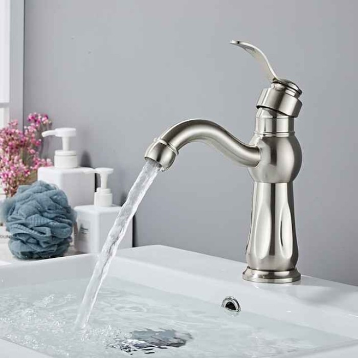 Bathroom Sink Faucet,Brass Contemporary Style Single Handle One Hole Bath Tap with Hot and Cold Switch