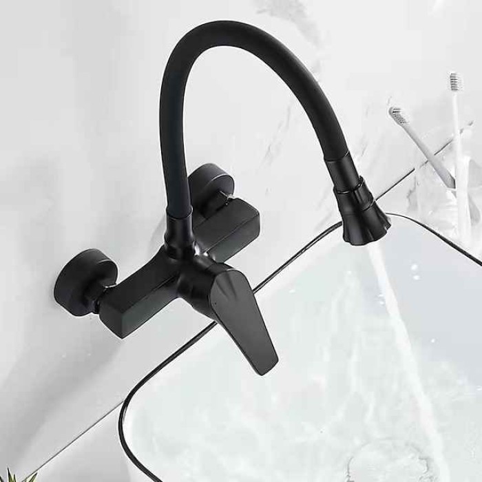 Kitchen Faucet,Brass Wall Mounted Single Handle Two Holes Bendable Rotatable Kitchen Taps