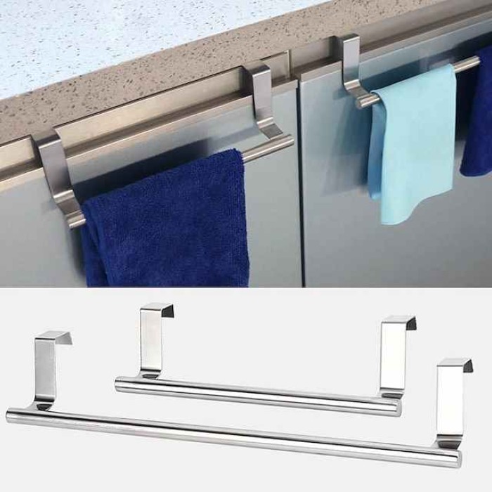 2 Pieces Punch Free Door Rear Hook Towel Rack Over Door Stainless Steel Single-bar Towel Rack Bathroom Kitchen Non-perforated Towel Rail Rag Rack Shelf Hanger