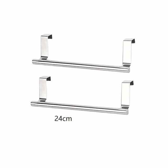 2 Pieces Punch Free Door Rear Hook Towel Rack Over Door Stainless Steel Single-bar Towel Rack Bathroom Kitchen Non-perforated Towel Rail Rag Rack Shelf Hanger