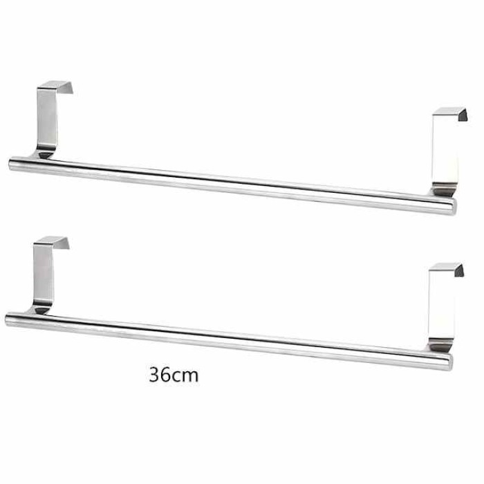 2 Pieces Punch Free Door Rear Hook Towel Rack Over Door Stainless Steel Single-bar Towel Rack Bathroom Kitchen Non-perforated Towel Rail Rag Rack Shelf Hanger