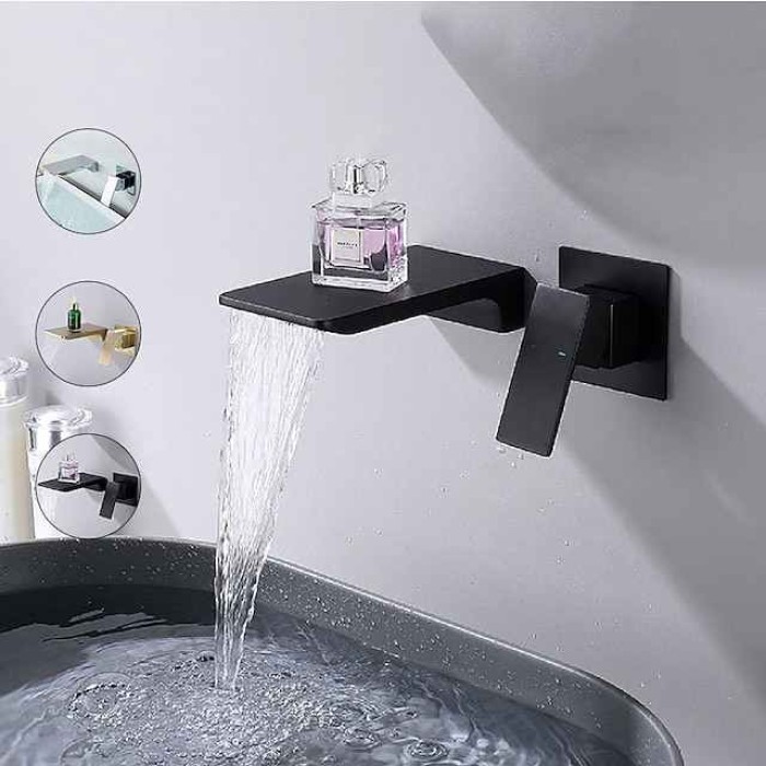 Waterfall Wall Mounted Bathroom Sink Mixer Faucet Matte Black, Solid Brass Basin Mixer Tap Single Handle One Lever Lavatory Taps Black Gold Chrome