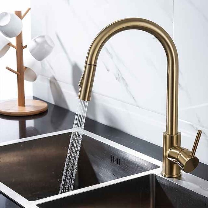 Kitchen Faucet with Pull-out Spray,Single Handle One Hole 2-modes Brass Kitchen Taps