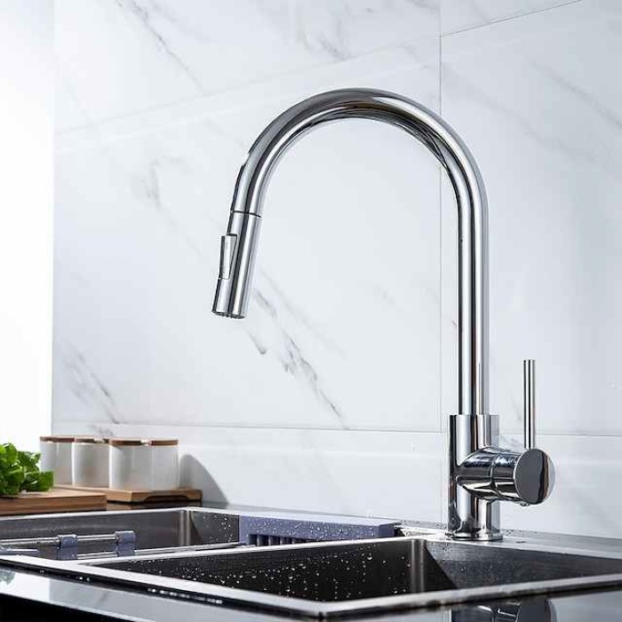 Kitchen Faucet with Pull-out Spray,Single Handle One Hole 2-modes Brass Kitchen Taps