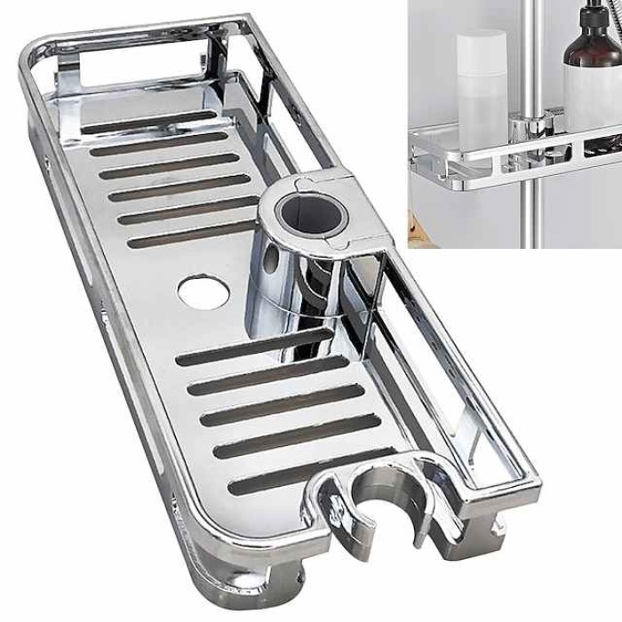 Bathroom Tray Stand Storage Rack Anti Bacteria Organizer Rectangle Lifting Rod No Drilling Shower Shelf Lifting Removable Practical Bathroom Pole Shower Storage Rack