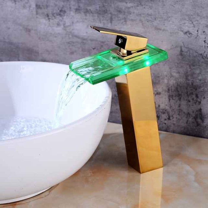 Temperature control LED Bathroom Sink Faucet,Tall Body Golden Basin Tap Single Handle One Hole Bath Tap