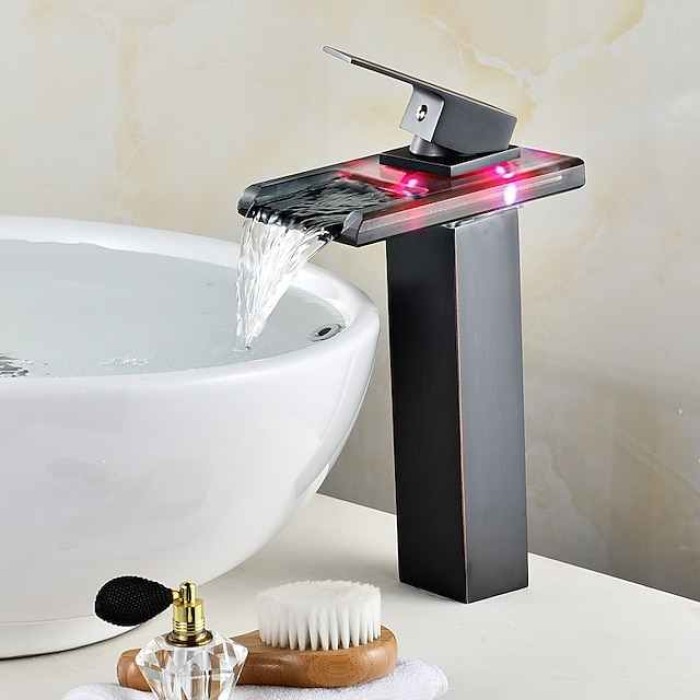 Temperature control LED Bathroom Sink Faucet,Tall Body Golden Basin Tap Single Handle One Hole Bath Tap