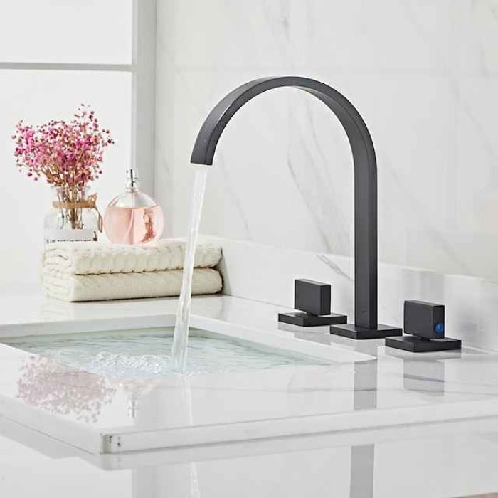 Widespread Bathroom Sink Mixer Faucet, High Arc Basin Taps 3 Hole 2 Handle Basin Tap Deck Mounted, Y-shape Quick Connect ashroom Vessel Water Tap with Cold Hot Hose