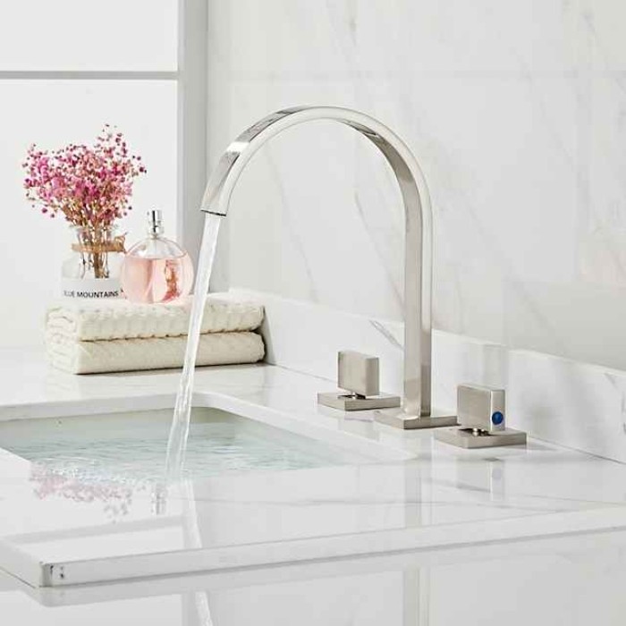 Widespread Bathroom Sink Mixer Faucet, High Arc Basin Taps 3 Hole 2 Handle Basin Tap Deck Mounted, Y-shape Quick Connect ashroom Vessel Water Tap with Cold Hot Hose