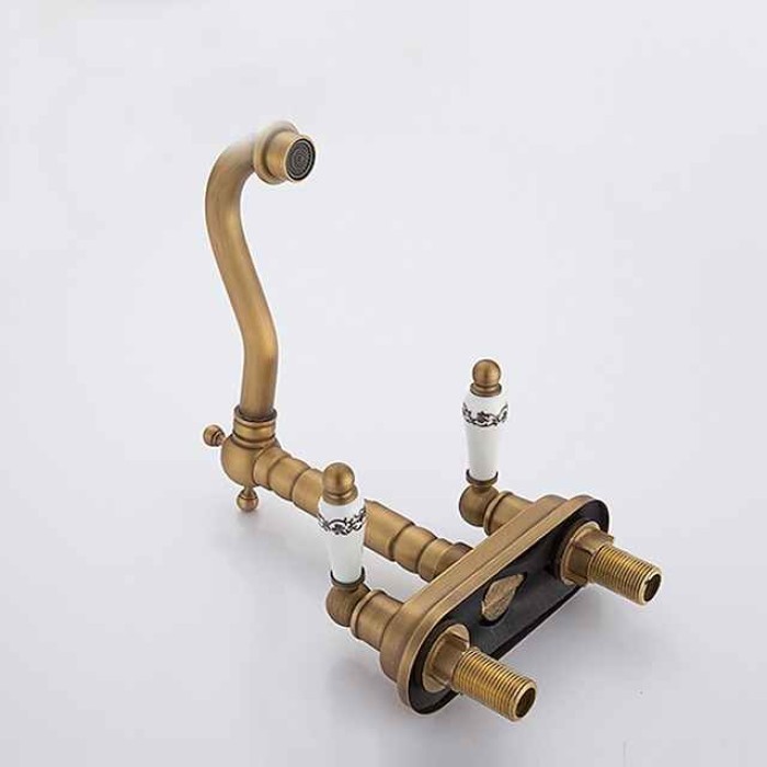 Antique Brass Centerset Faucet Two Handle, 360° Swivel Cross Knobs, Basin Mixer Tap Three Holes, Swivel Centerset Bathroom Sink Faucet