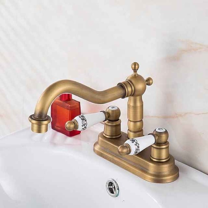 Antique Brass Centerset Faucet Two Handle, 360° Swivel Cross Knobs, Basin Mixer Tap Three Holes, Swivel Centerset Bathroom Sink Faucet