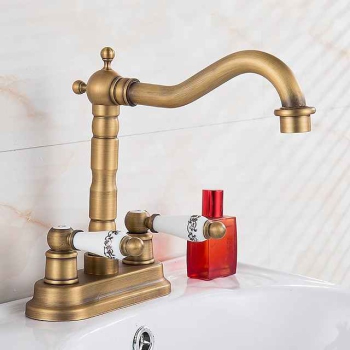 Antique Brass Centerset Faucet Two Handle, 360° Swivel Cross Knobs, Basin Mixer Tap Three Holes, Swivel Centerset Bathroom Sink Faucet