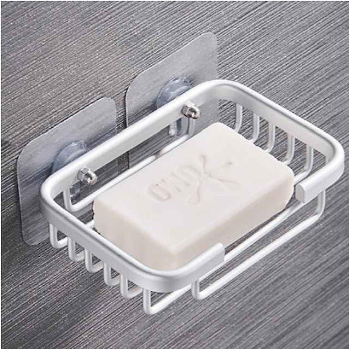 2pcs Soap Box Hole Free Space Aluminum Soap Box Soap Basket Soap Support Net Drainage Suction Cup Wall Hanging Storage Bathroom Soap Rack