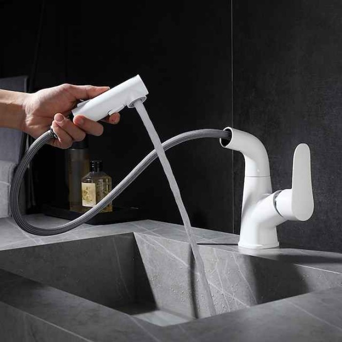 Bathroom Sink Faucet with Pull Out Spray,Brass Liftable 3-modes Electroplated / Painted Finishes Centerset Single Handle One Hole Lavatory Rotating Spout for Cold and Hot Water Bath Taps